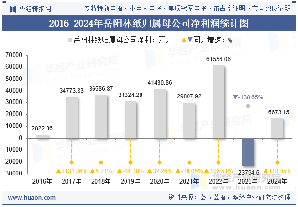 2016-2024年岳阳林纸归属母公司净利润统计图