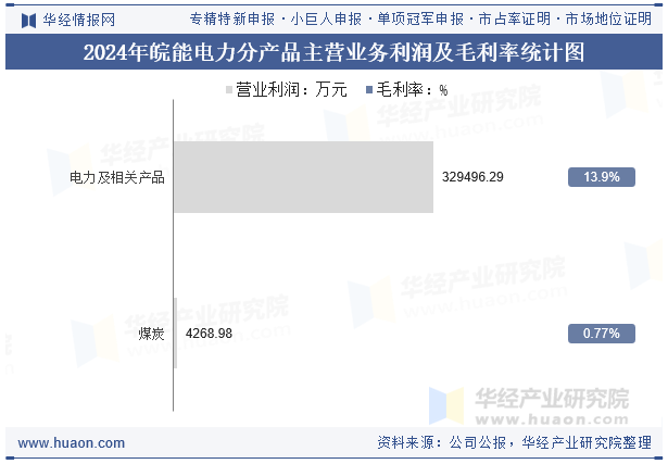 2024年皖能电力分产品主营业务利润及毛利率统计图