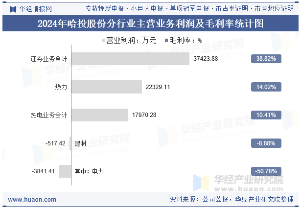 2024年哈投股份分行业主营业务利润及毛利率统计图