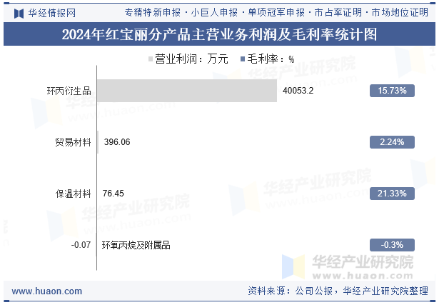 2024年红宝丽分产品主营业务利润及毛利率统计图