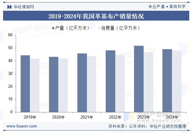 2019-2024年我国革基布产销量情况