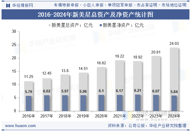 2016-2024年新美星总资产及净资产统计图