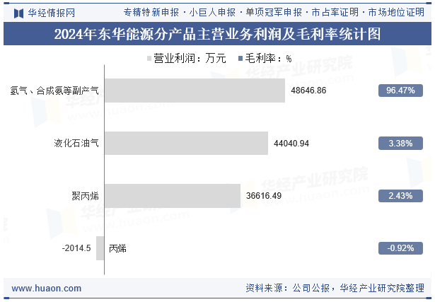 2024年东华能源分产品主营业务利润及毛利率统计图