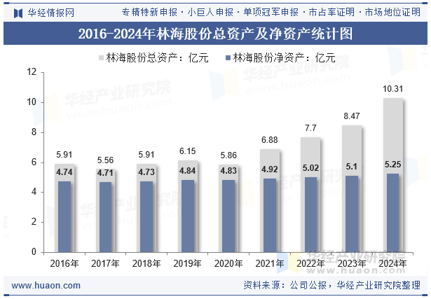 2016-2024年林海股份总资产及净资产统计图