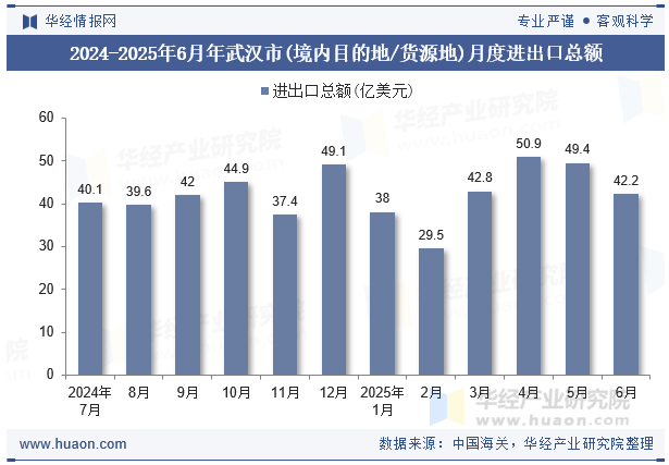 2024-2025年6月年武汉市(境内目的地/货源地)月度进出口总额