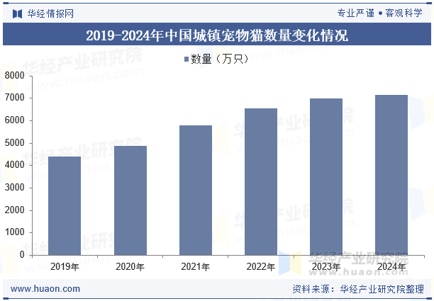 2019-2024年中国城镇宠物猫数量变化情况