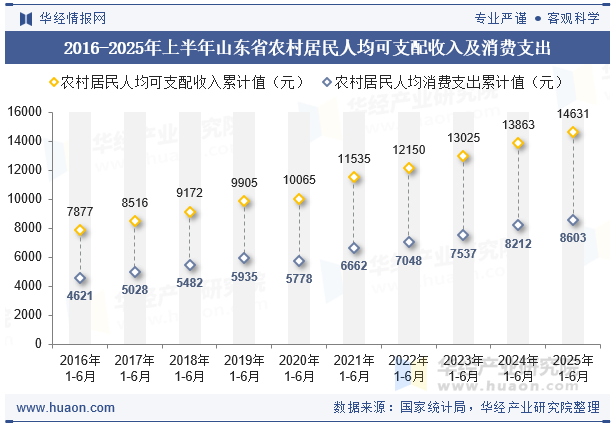 2016-2025年上半年山东省农村居民人均可支配收入及消费支出