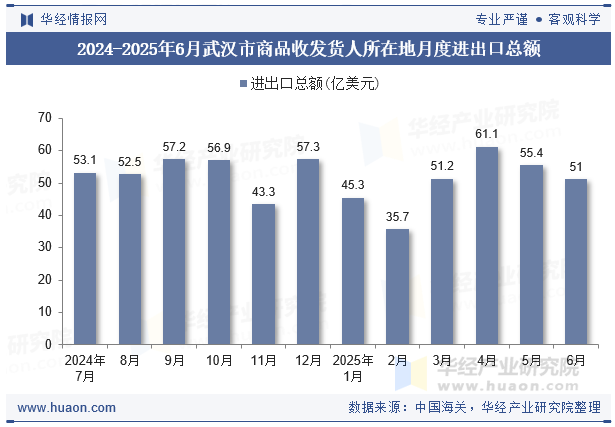 2024-2025年6月武汉市商品收发货人所在地月度进出口总额
